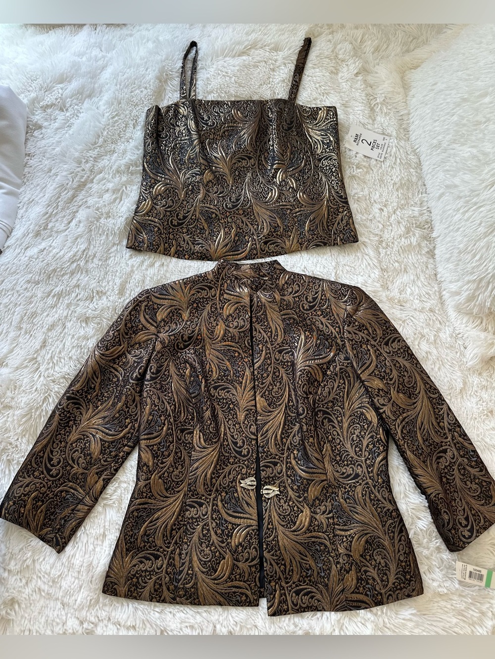 R&M Richards 2 Piece Evening Jacket Cami Set Black Gold Brocade Size 8 NWT